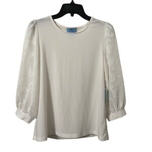 CeCe Women’s White Floral Detail Puff Sleeve Top Size‎ XS